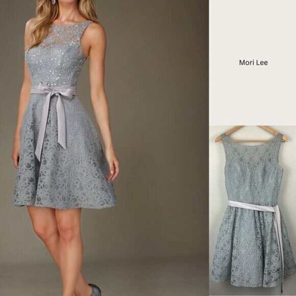Mori Lee Mini Formal Dress Silver/Gray Lace Ribbon Bow Button-back Sleeveless 12 - Picture 1 of 13